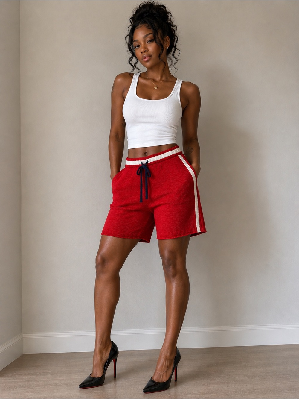 Lou & Grey Red Knit Drawstring Shorts with White Side Stripe